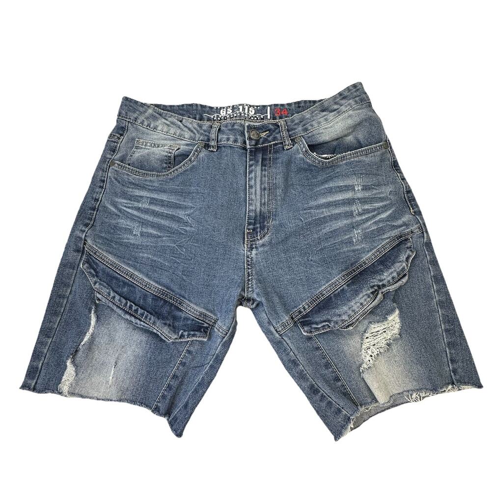 GS-115 Men's Denim Jean Shorts Distressed Size 34 Moto Hip Hop Y2K Street wear